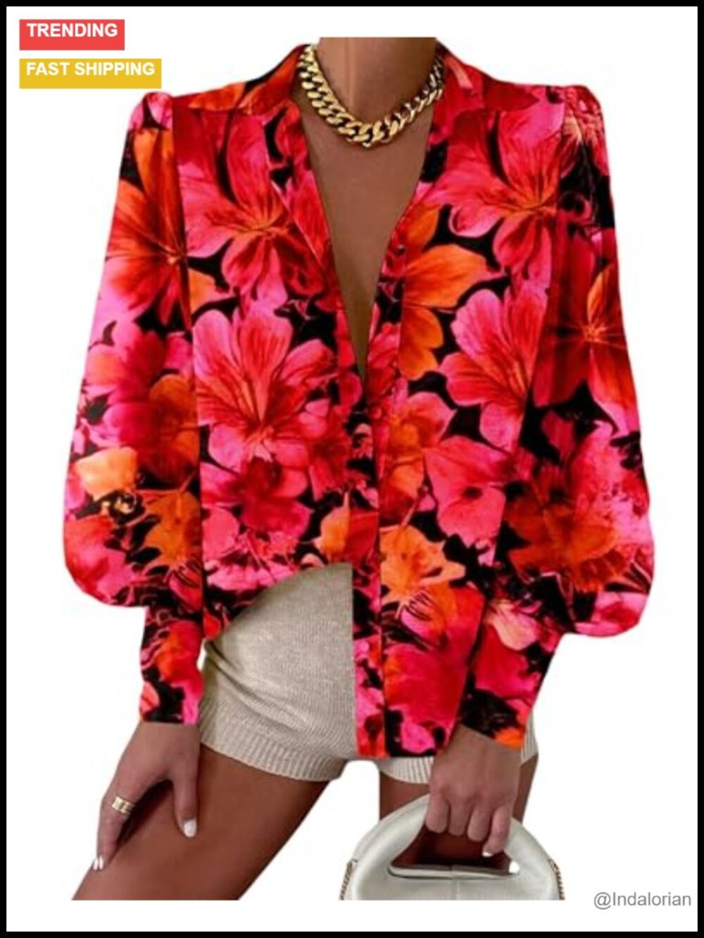 Women Long Sleeve Button Down Blouse Lantern Sleeve Loose Fit Casual Top